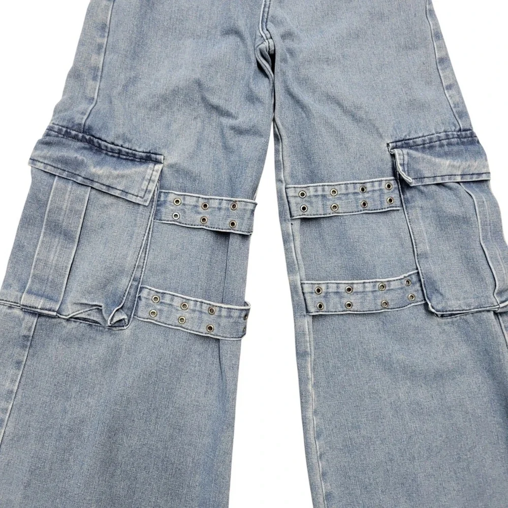 ROMWE Wide Leg Flap Pocket Cargo Grung Goth Distressed Grommet Dring Detail J424